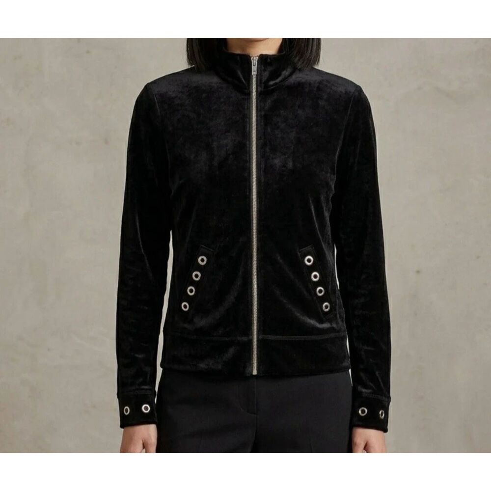 August Silk Sportswear Jacket Womens S black Velour Zip Up Grommet Y2K Glam New
